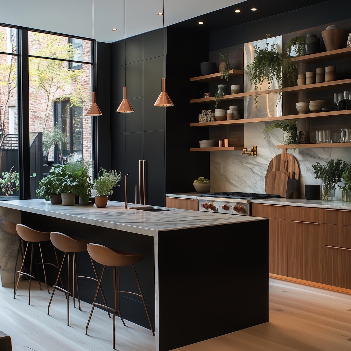 Modern kitchen with copper pendant lights and marble countertops